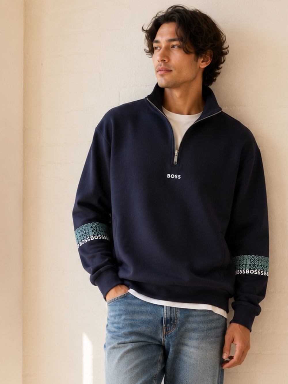 BOSS Quarter Zip Sweatshirt Embroidered Logo Sleeve Stretch Pullover Navy Sz XL